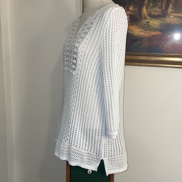 Chico’s Open Knit Crochet V-Neck Sweater Women Size 2 (12) 3/4 Sleeve White - Picture 2 of 11